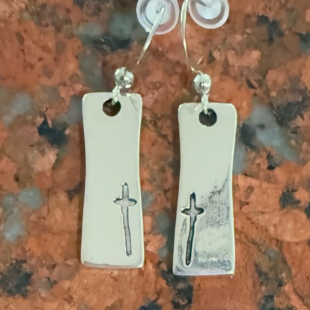 1.5” Christian cross pendant dangling pierced earrings Silvertone metal new